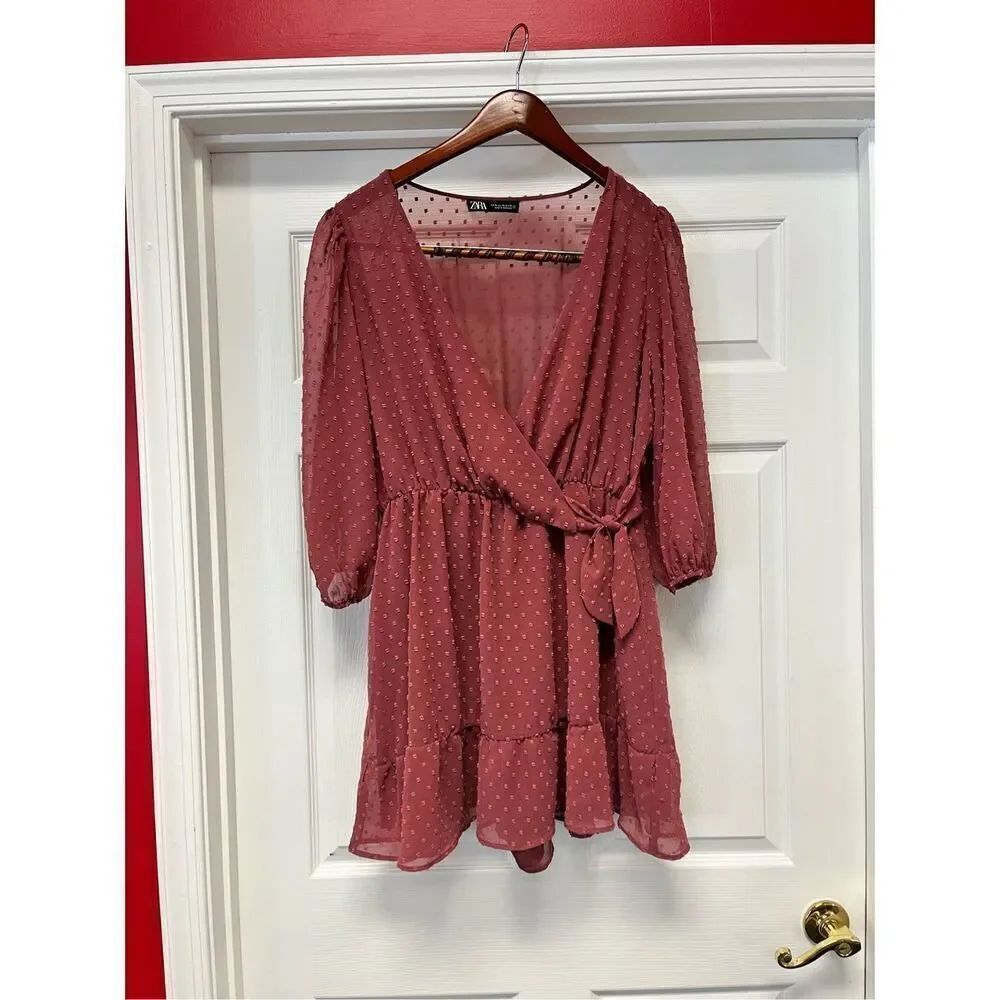 Zara Dark Dusty Rose Swiss Dot Surplice Waist Tie Dress sz XL EUC